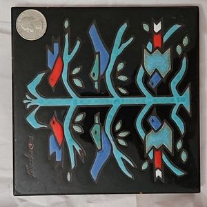 XL signed Vtg Native American Teissedre Art Pottery Trivet handpainted embossed
